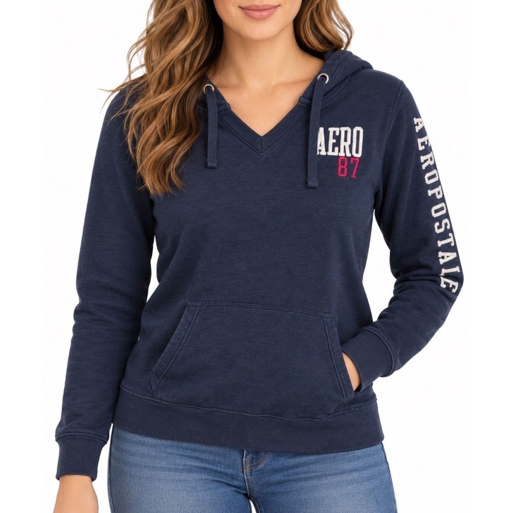 Aeropostale Womens Navy Blue Hoodie Sweatshirt V Neck Kangaroo Pocket XL
